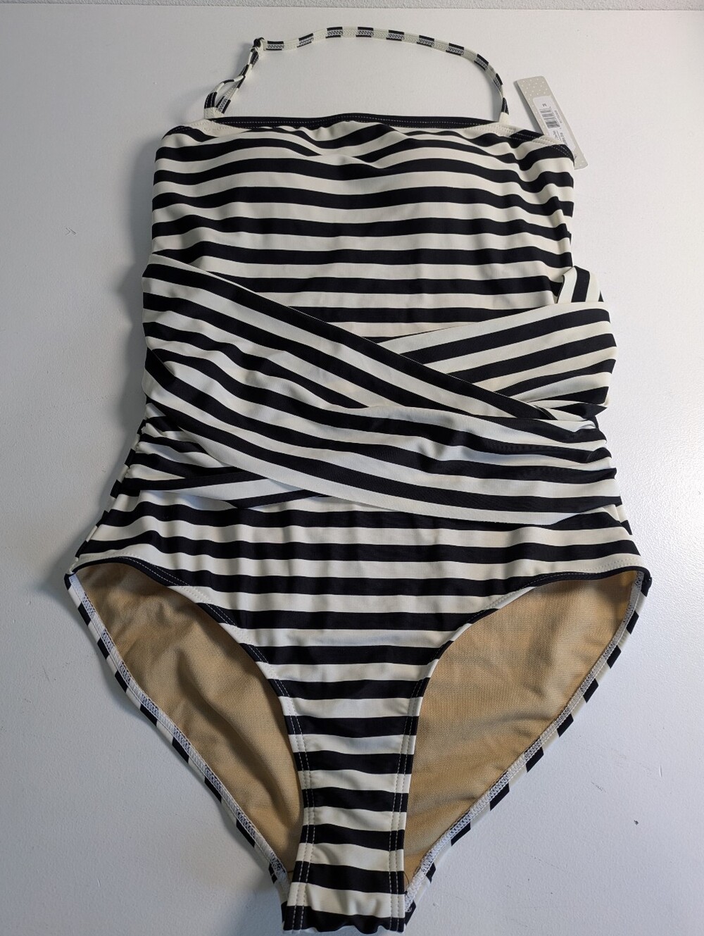 NWT  Downeast Women's Cabana Stripe Halterneck Black White Stripe Swimsuit sz M
